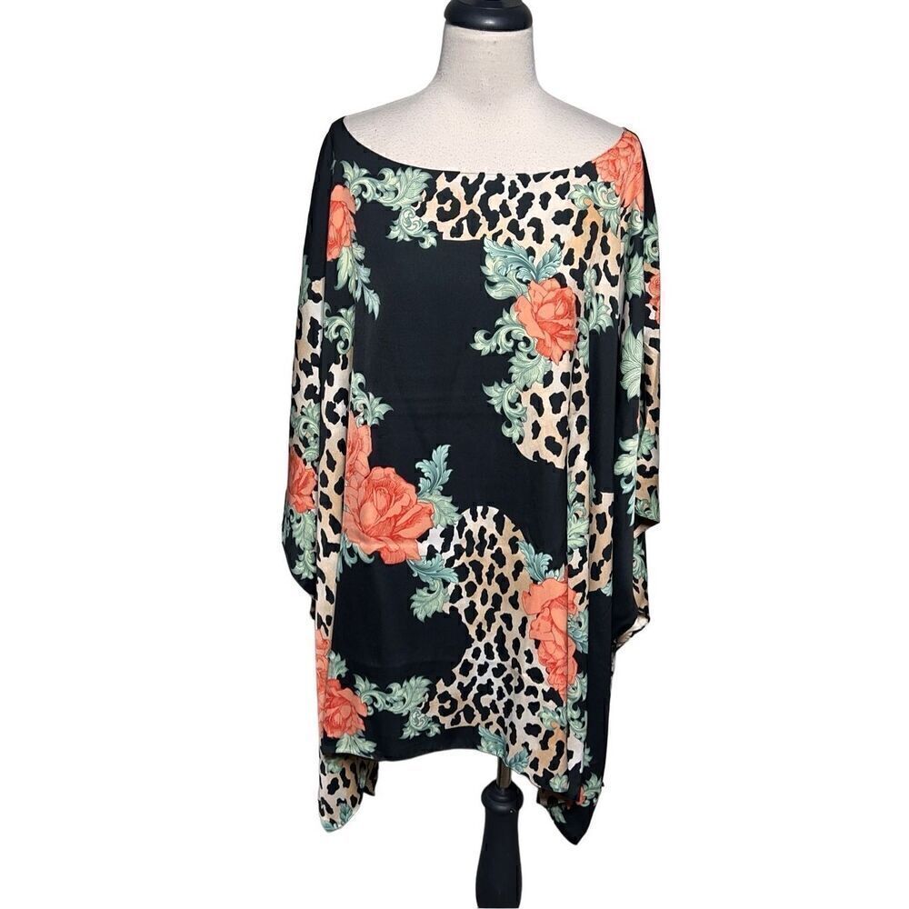IMAN Global Chic Reversible Animal Print Floral Plus Size Silky Poncho Top 4X